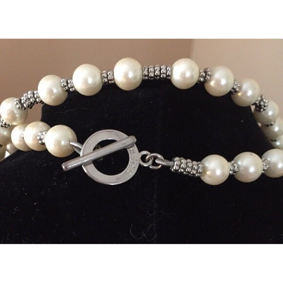 Vintage Chaps Faux Pearls Glass Beads Necklace with Silver Tone Beads & Clasp - Picture 5 of 9